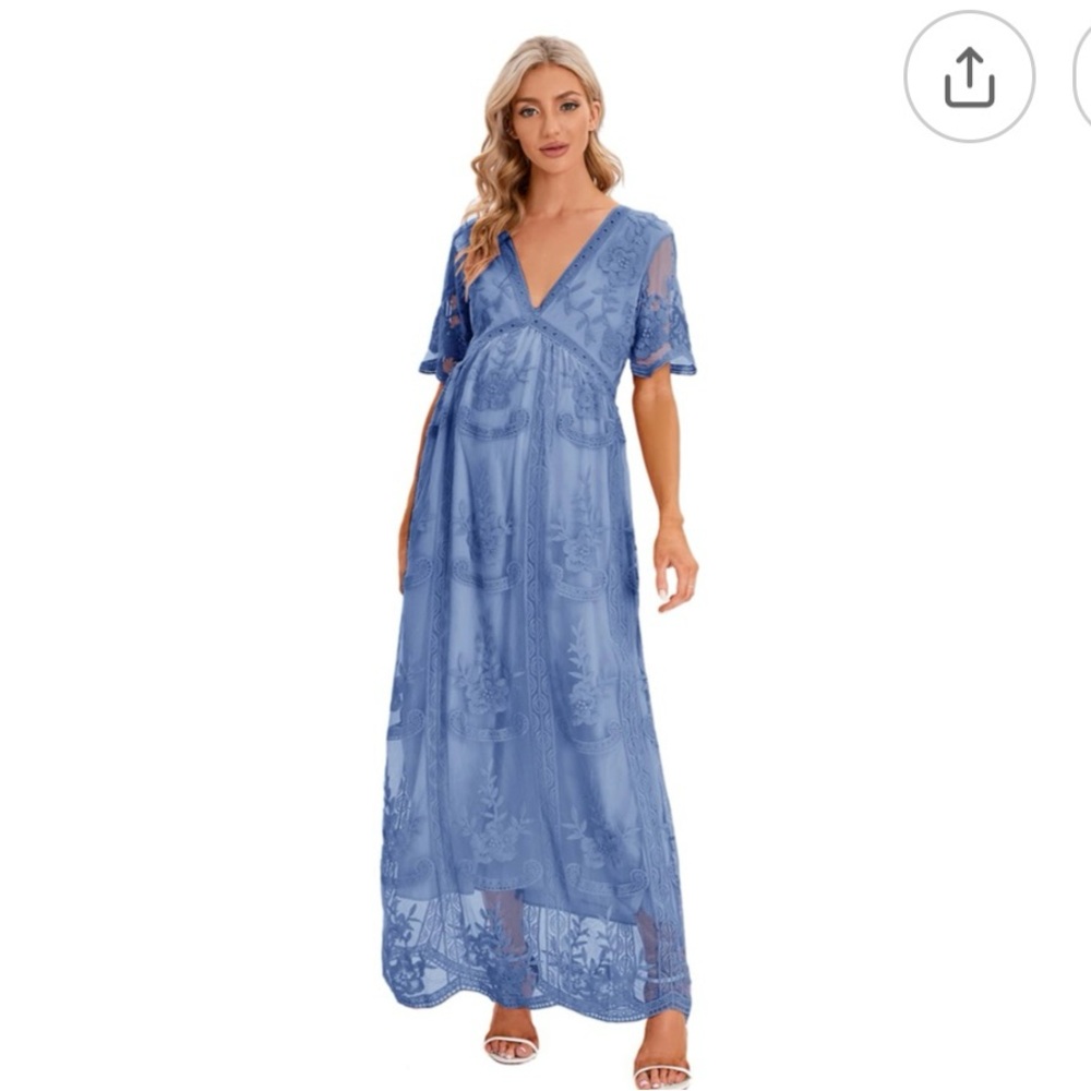 Blue Lace Maxi Dress with V-Neck